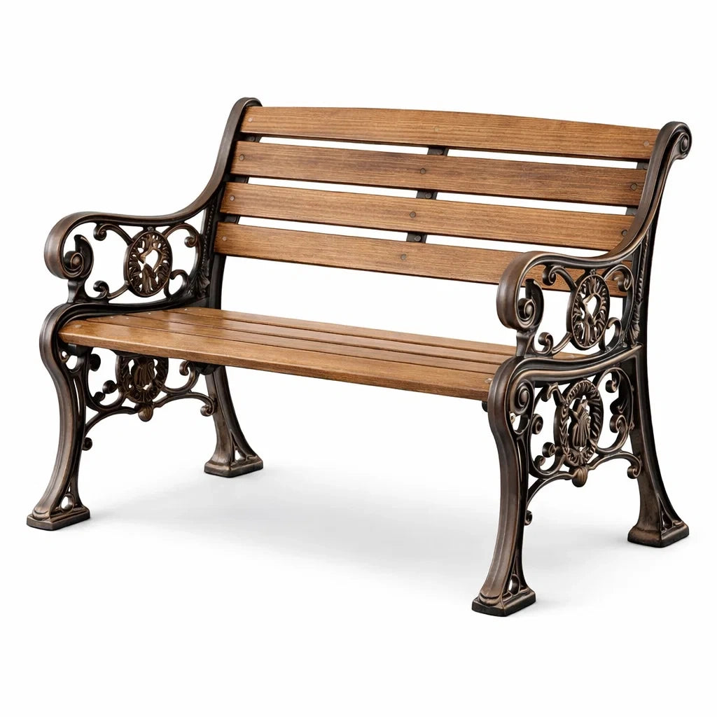 Gartenbank aus Holz und Gusseisen mit Armlehnen 120x55x75cm Braun