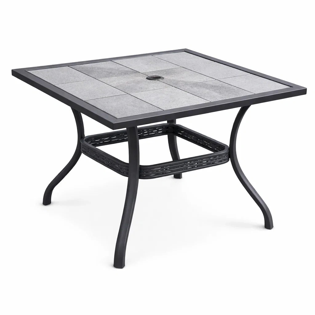 Quadratischer Gartentisch mit Keramikplatte und Eisenrahmen Grau