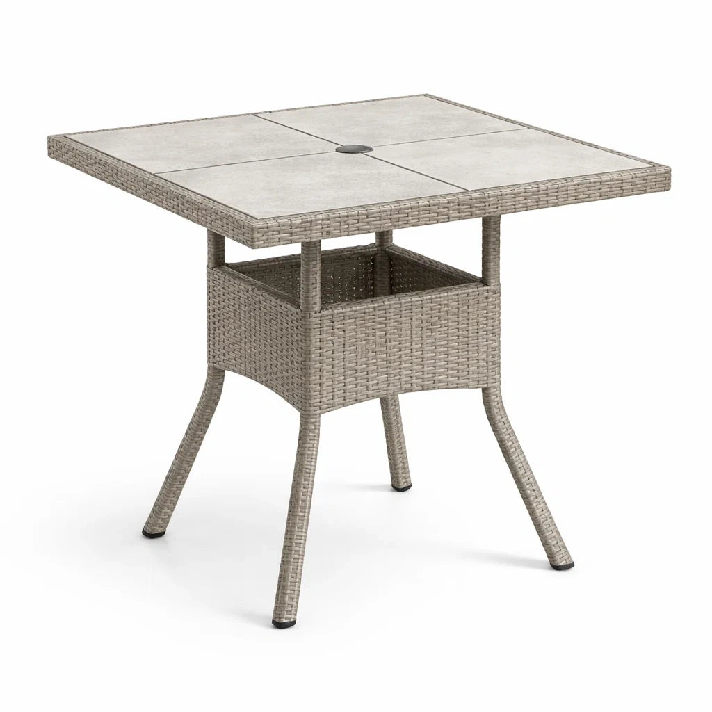 Quadratischer Tisch aus Polyrattan mit Keramikplatte Hellgrau