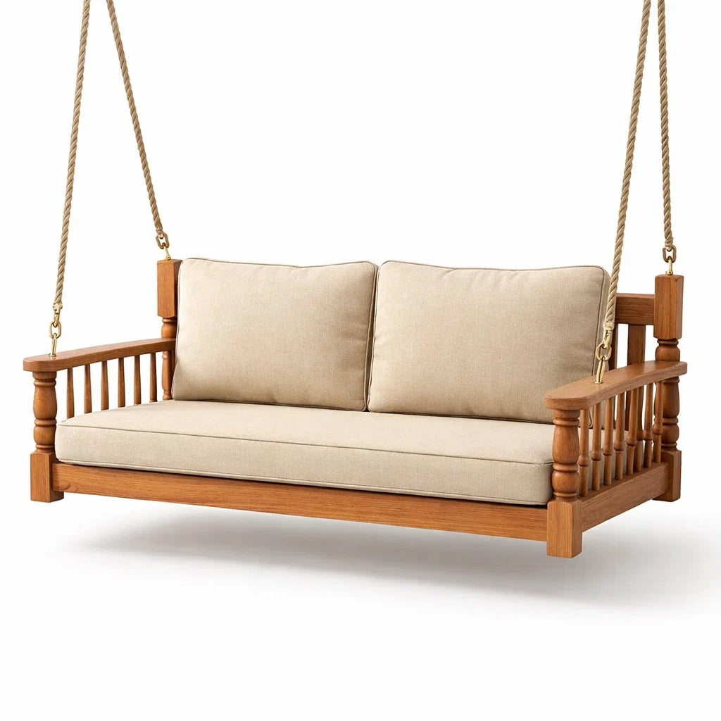 Holz-Hängesofa mit beigem Polyesterschaumkissen