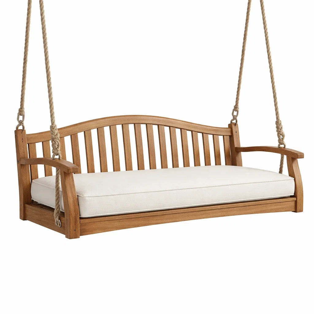 Teakholz Gartenschaukelbank mit Creme Polster 150cm